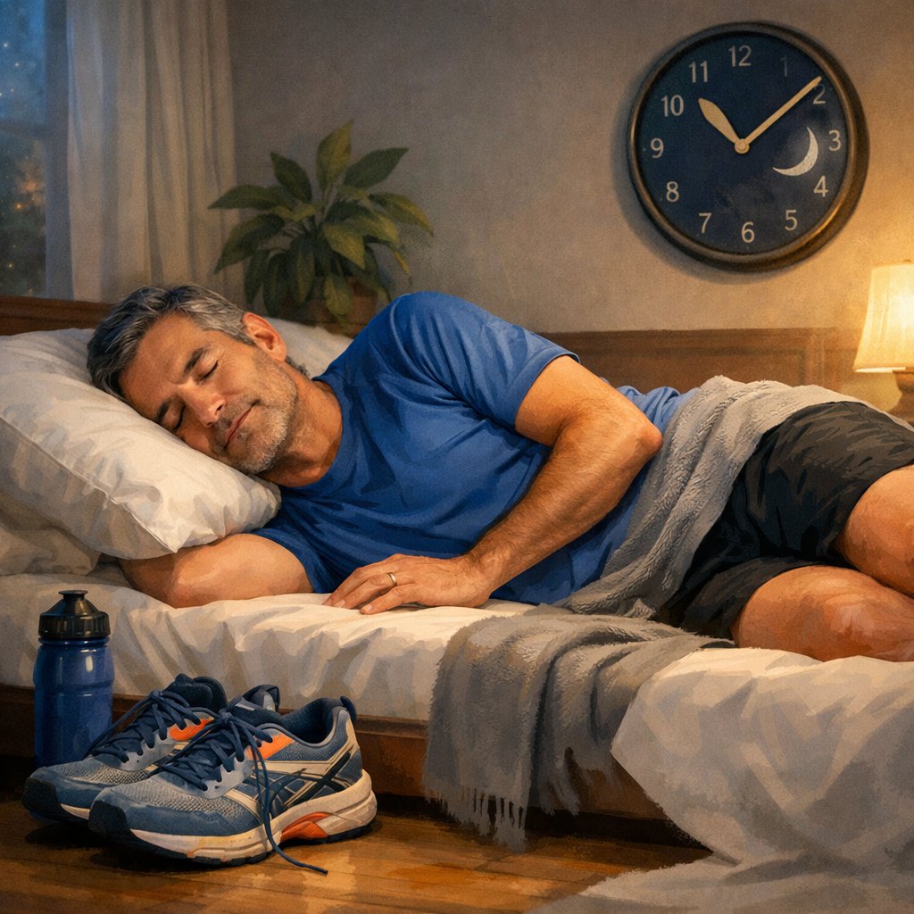 A middle-aged runner resting peacefully in bed with running shoes and water bottle nearby, symbolizing prioritizing sleep over extra training.