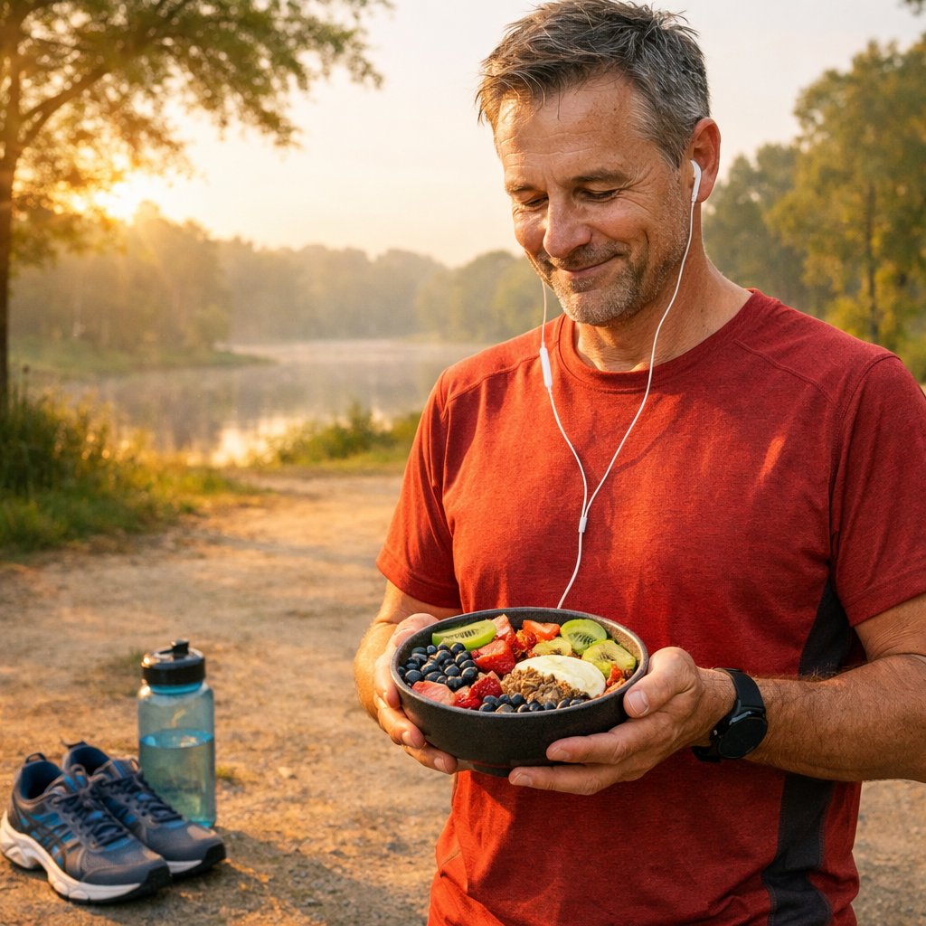 A mature runner after a run holding a healthy meal outdoors with running shoes and a water bottle nearby.