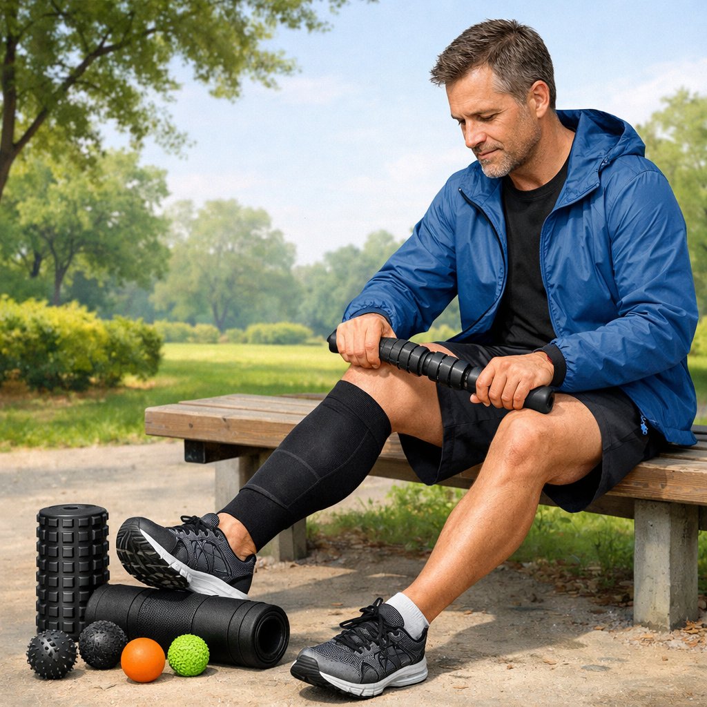A middle-aged runner sitting on a bench outdoors using compression sleeves and a foam roller to massage their legs after a run.