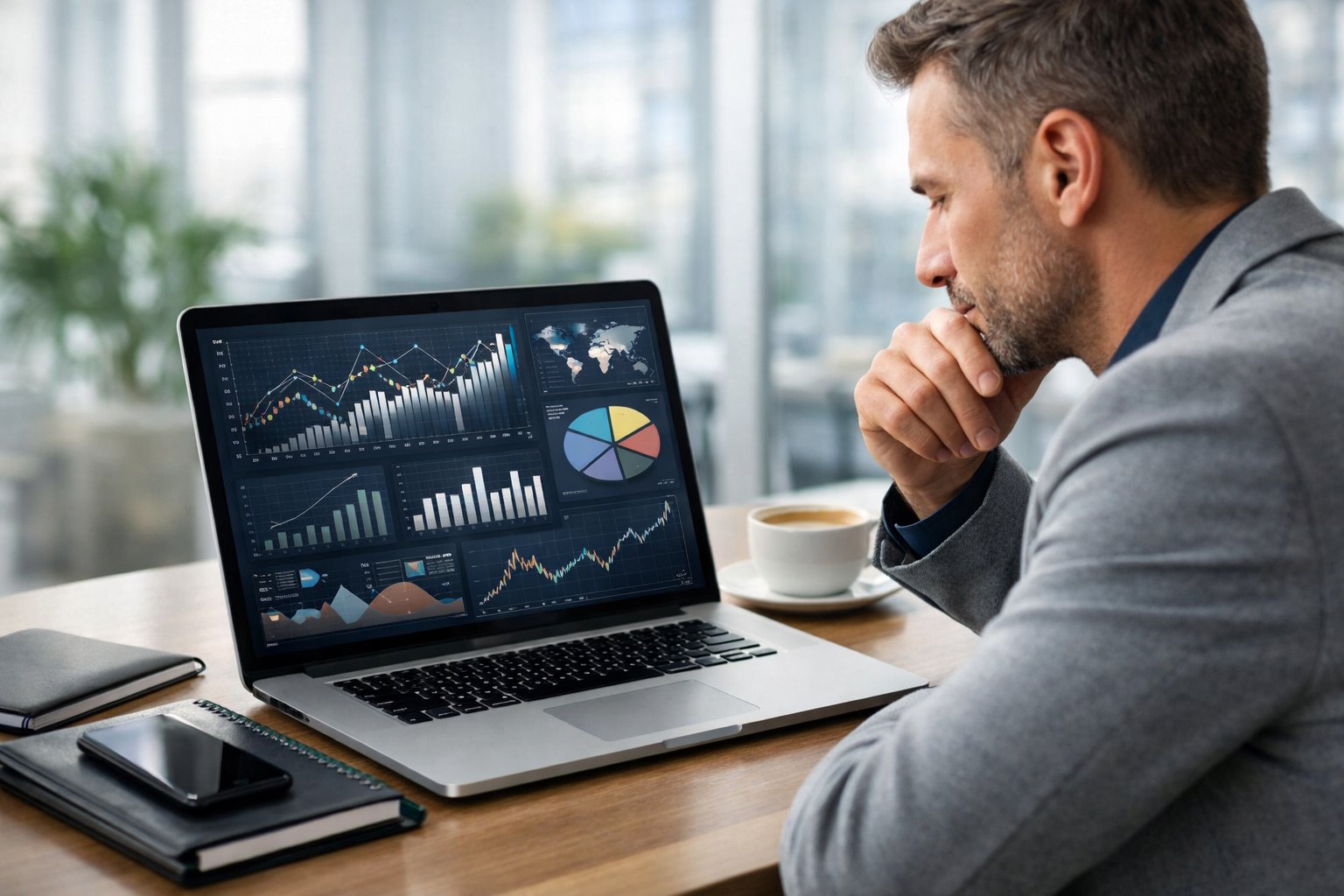 A business professional analyzing data charts on a laptop in a bright office workspace with notebooks and coffee nearby.