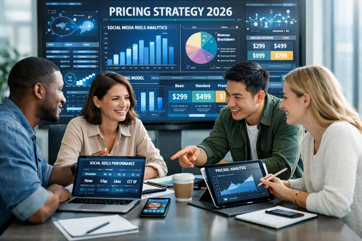 A group of professionals collaborating around a table with laptops and digital devices displaying charts and data in a modern office.