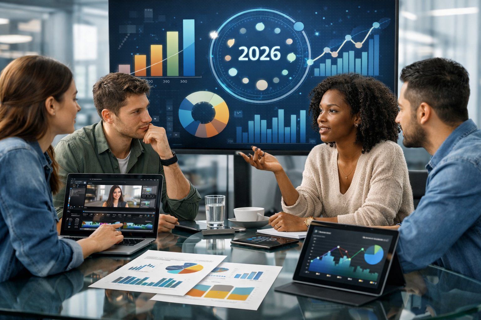 A group of professionals collaborating around a table with laptops and devices showing charts and video editing, discussing data and pricing in a modern office.