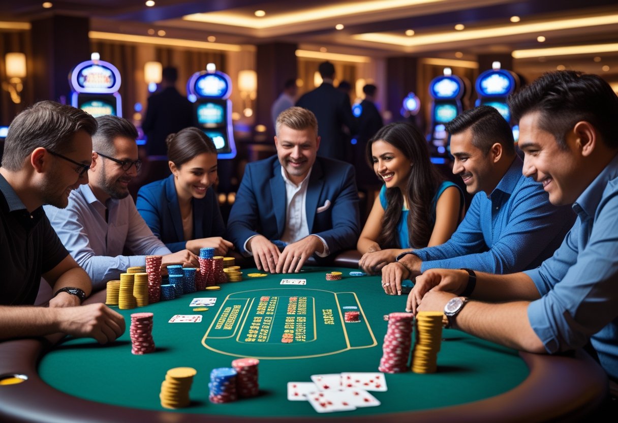 A group of people playing poker at a casino table with chips and cards.