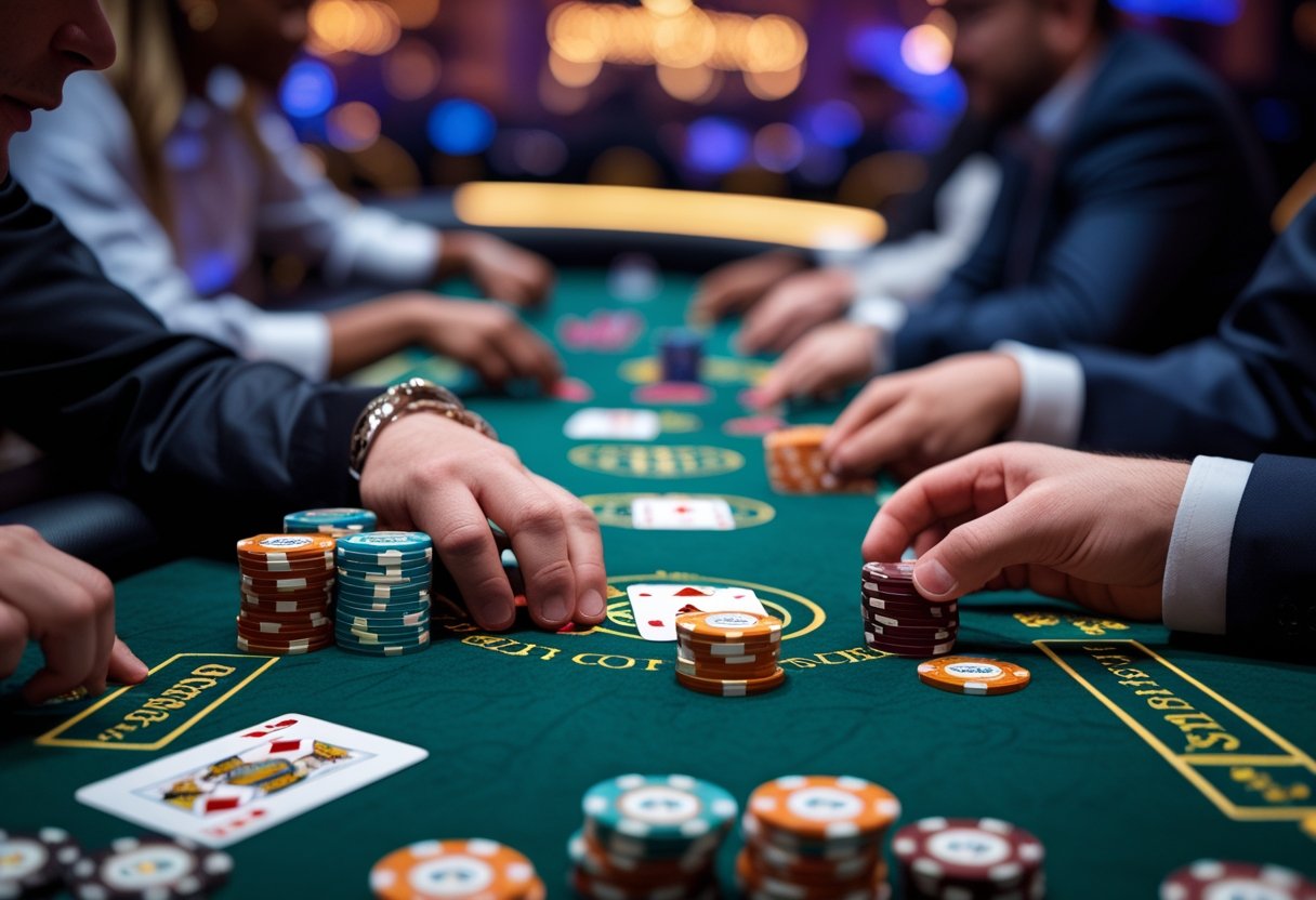 A close-up of a poker cash game with players' hands, poker chips, and cards on a green felt table in a casino setting.