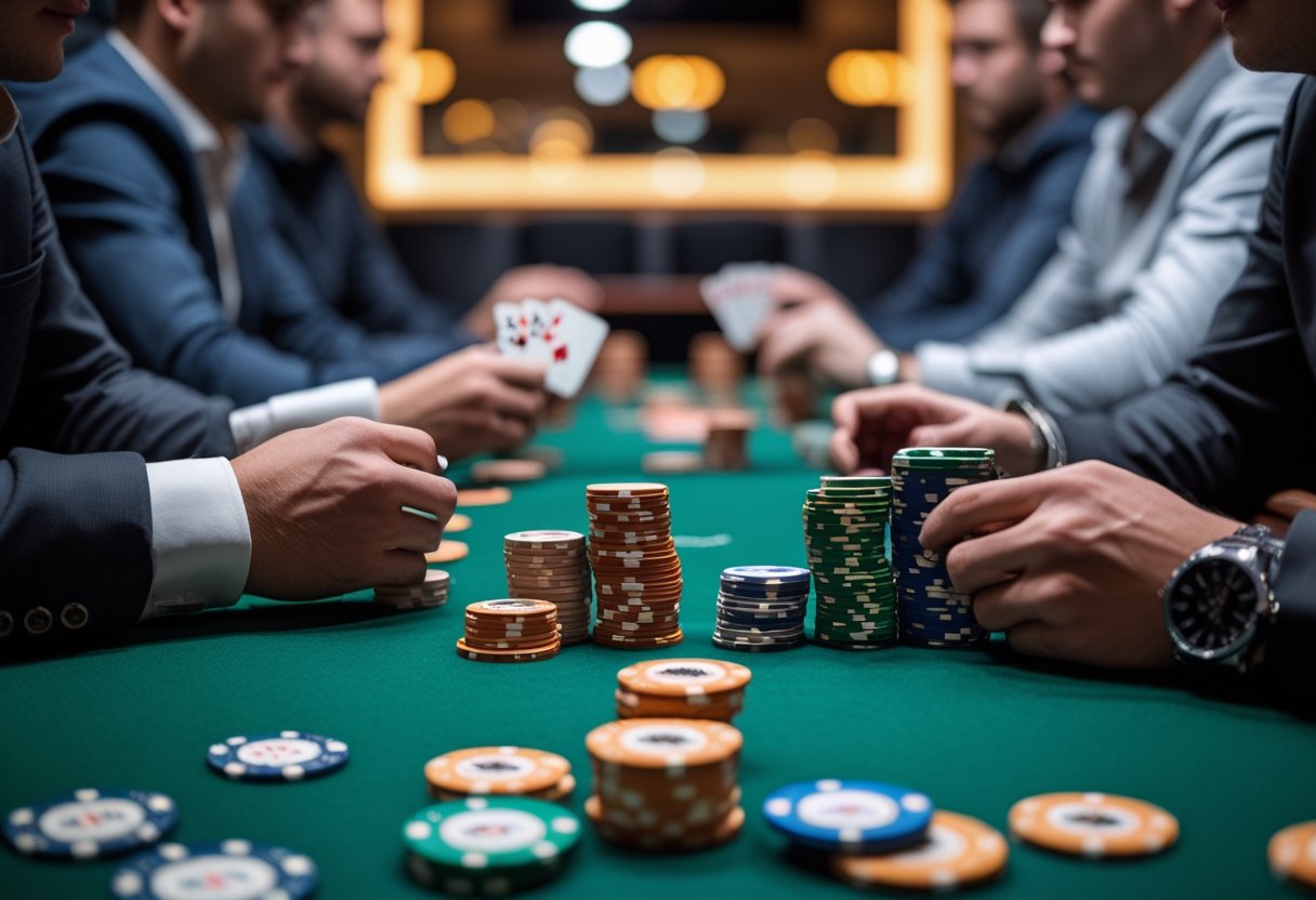 Close-up of a poker table with chips and players holding cards during a cash game.