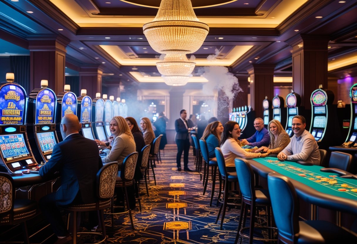Adults playing games and smoking cannabis inside a bright and elegant casino.