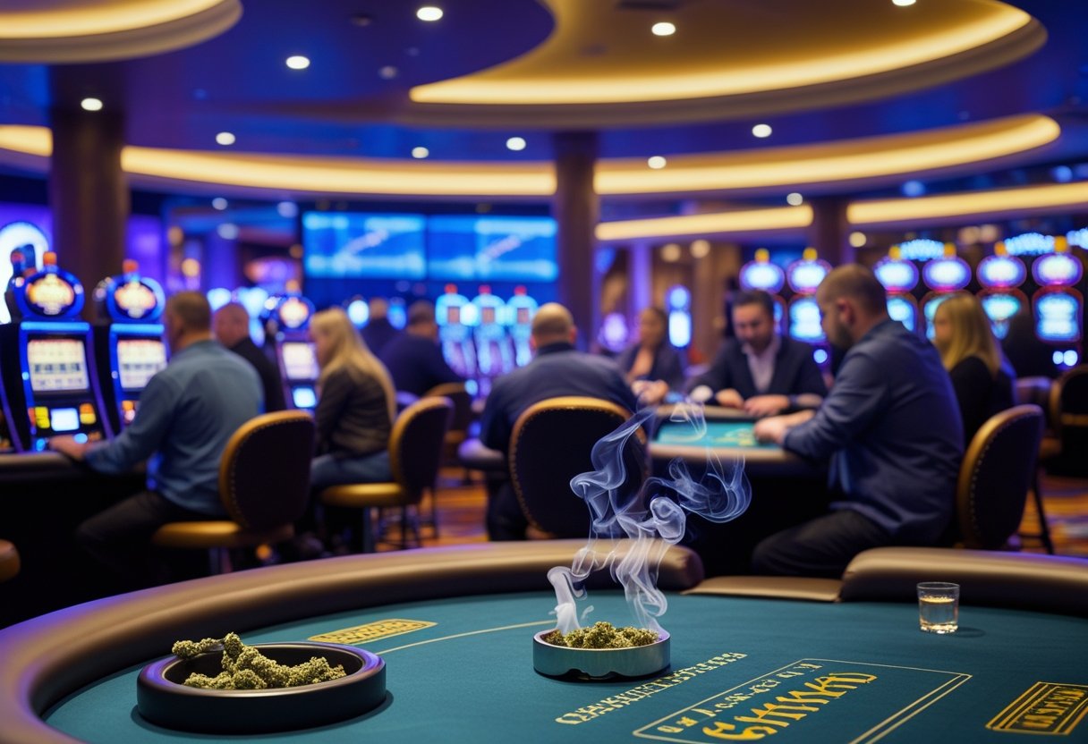 Adults playing games in a modern casino with a small amount of smoke rising from an ashtray on a table.