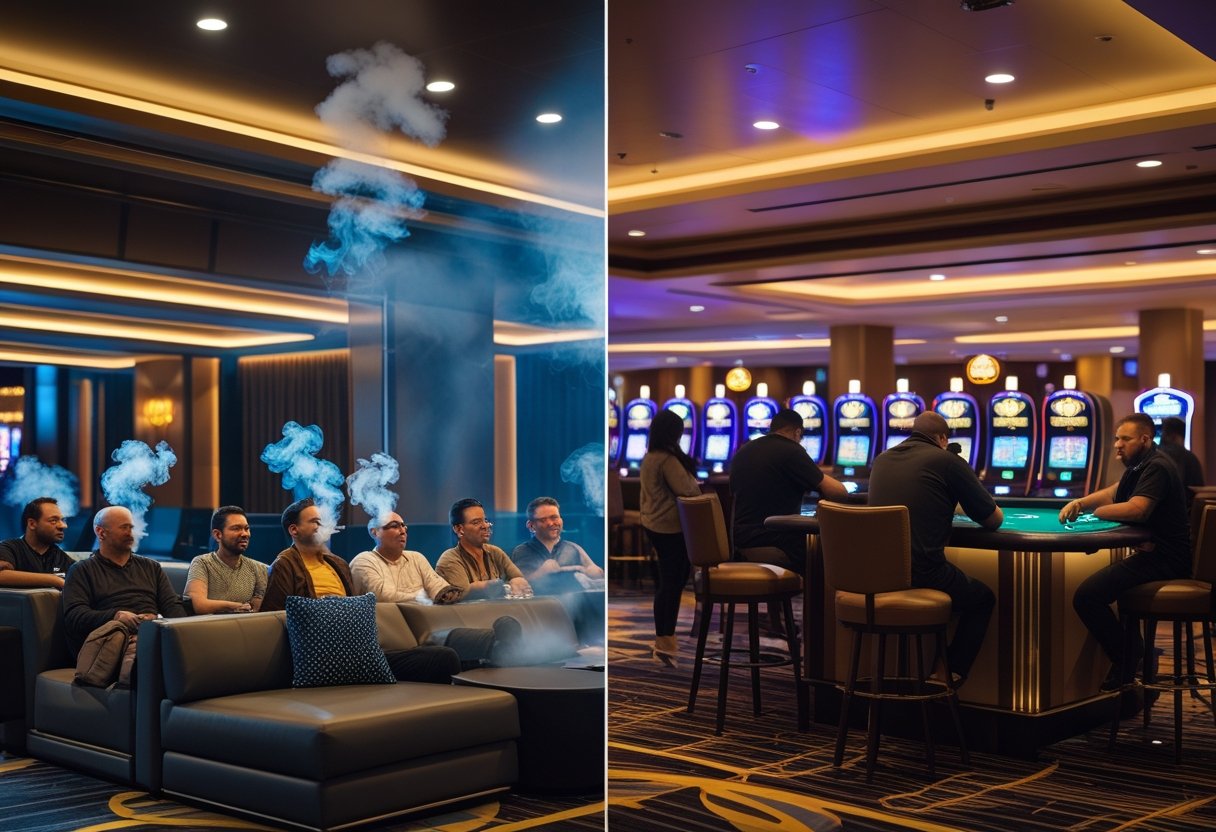 Interior of a casino showing a designated smoking lounge where adults are smoking cannabis and a separate non-smoking gaming area with people playing casino games.