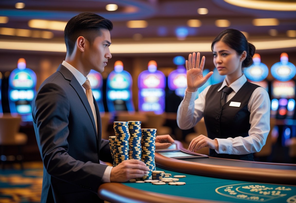 A casino patron holding chips talks to a casino employee at a cash-out counter with a concerned expression.