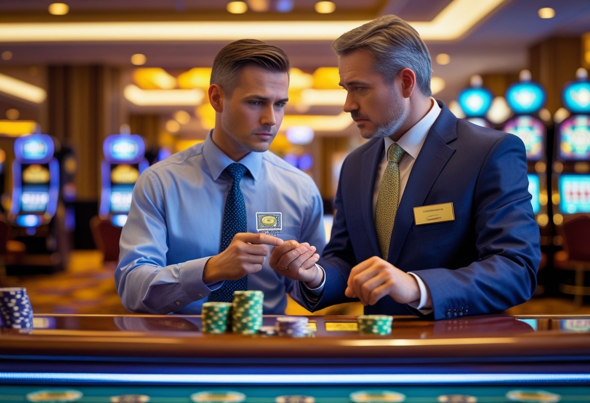 A casino employee talks to a male gambler at the cashier counter inside a casino.