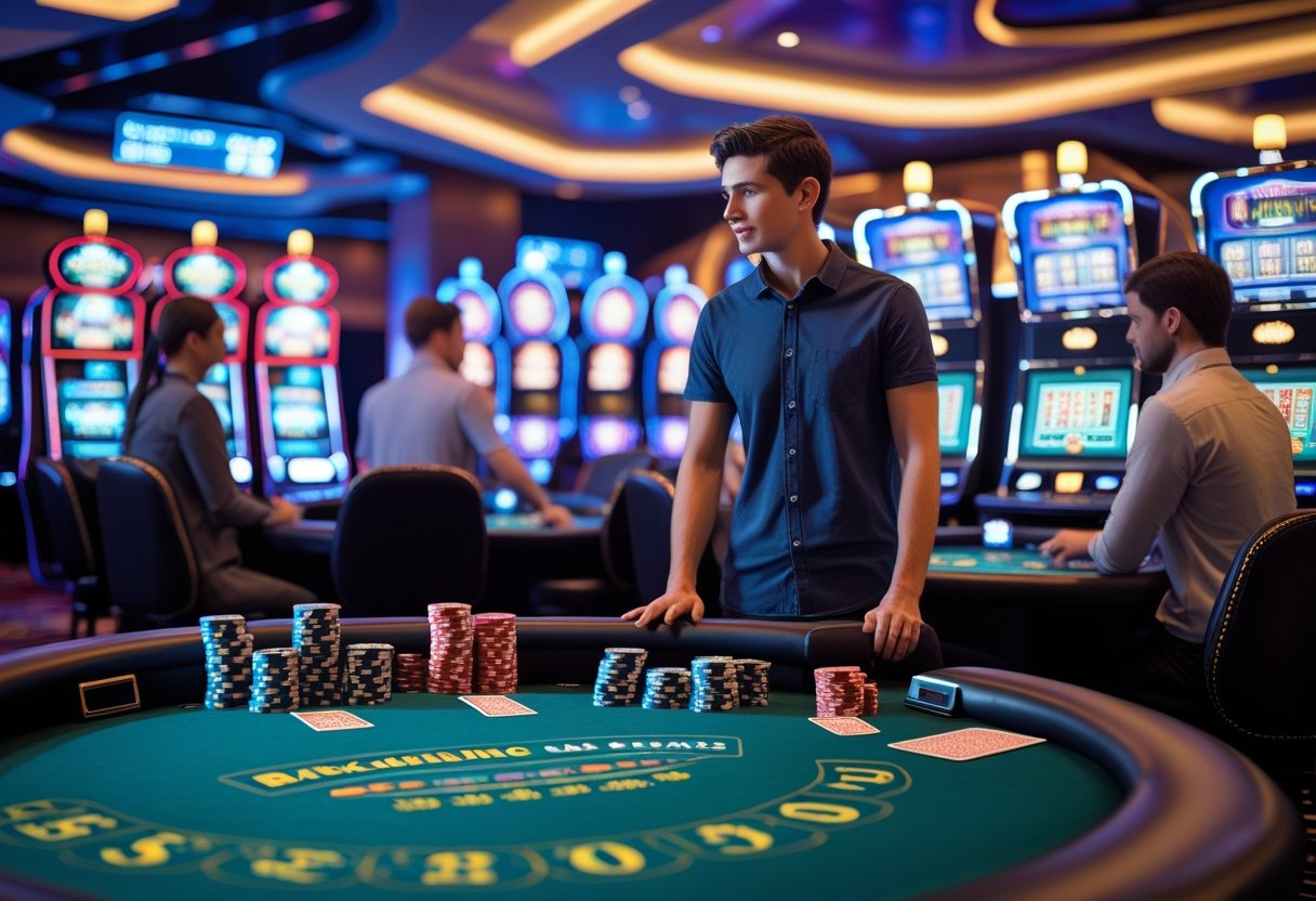 A young person watching a dealer at a blackjack table in a bright casino with slot machines and other players nearby.