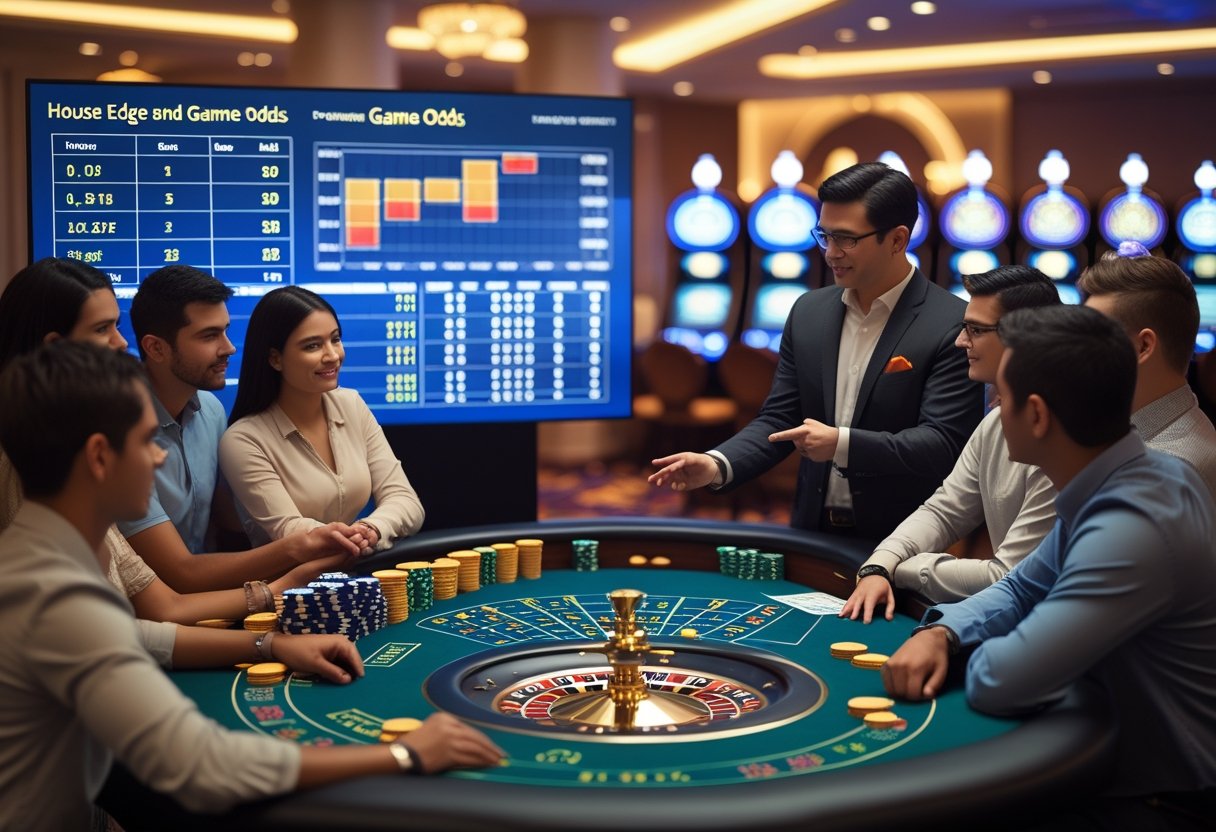 A group of people gathered around a casino table with chips, cards, and a roulette wheel, listening to an instructor explaining game strategies.