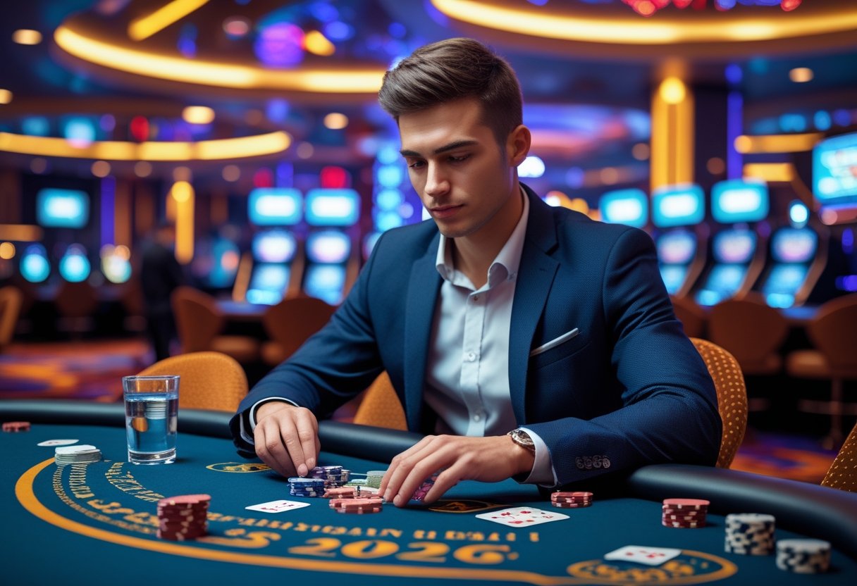 A young adult gambler carefully managing poker chips and cash at a casino table inside a modern casino.