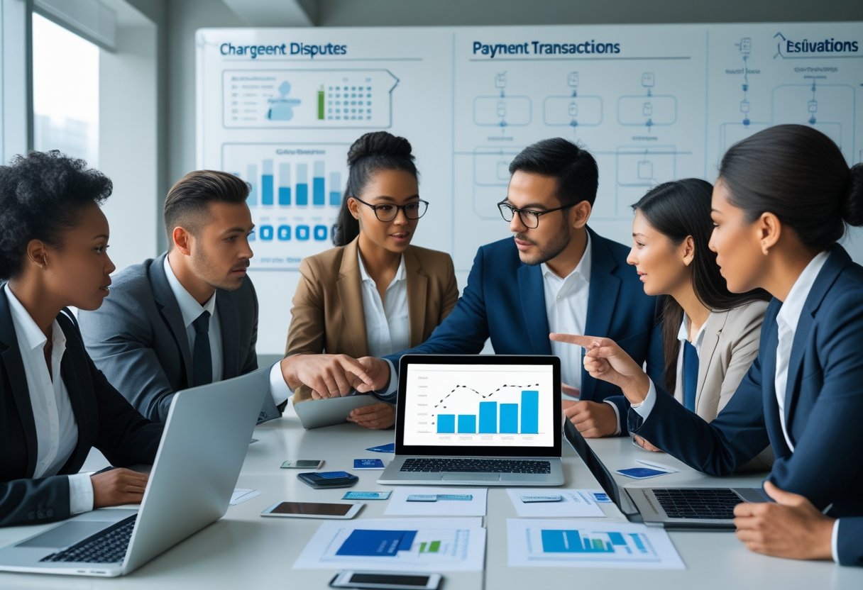 Business professionals discussing financial documents and charts around a conference table in an office.