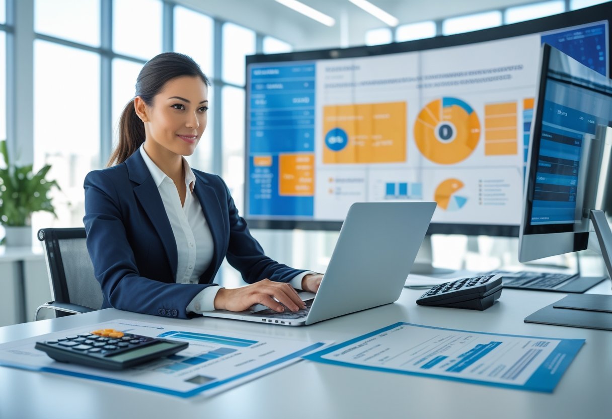 A businesswoman reviewing financial documents and charts at a desk with a laptop in a modern office.
