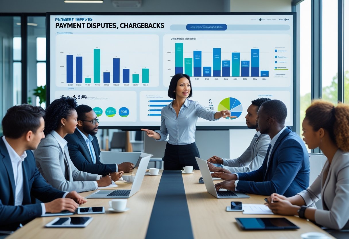 A group of business professionals discussing financial charts in a modern office meeting room.