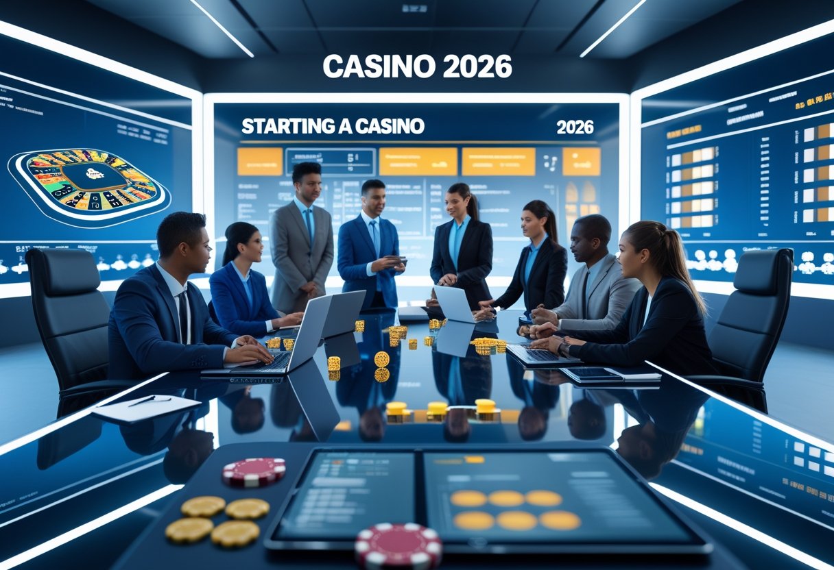 Business professionals discussing casino plans around a conference table with digital devices and casino-related items.