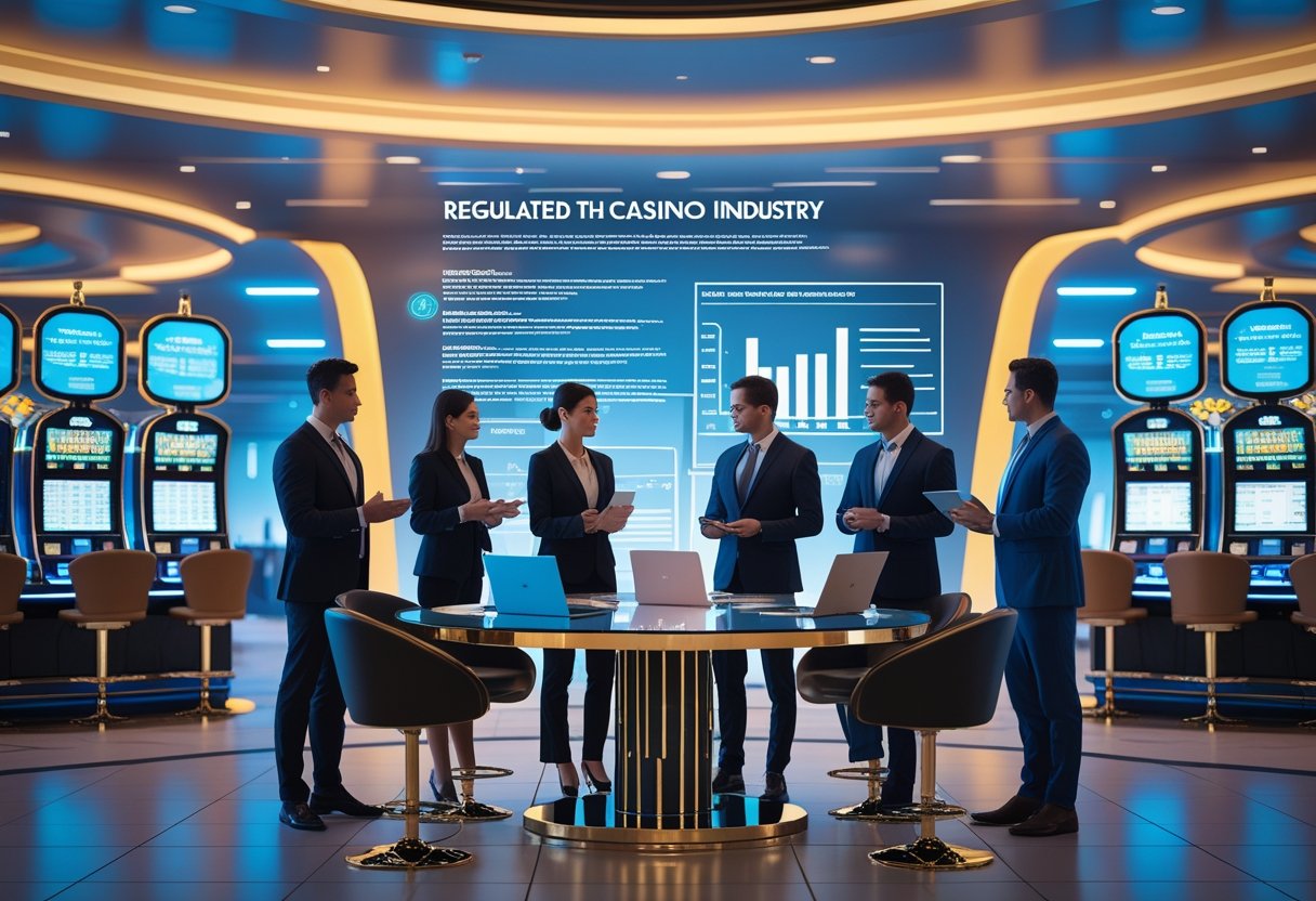 A group of business professionals discussing plans around a table in a modern casino with digital gaming machines and screens in the background.