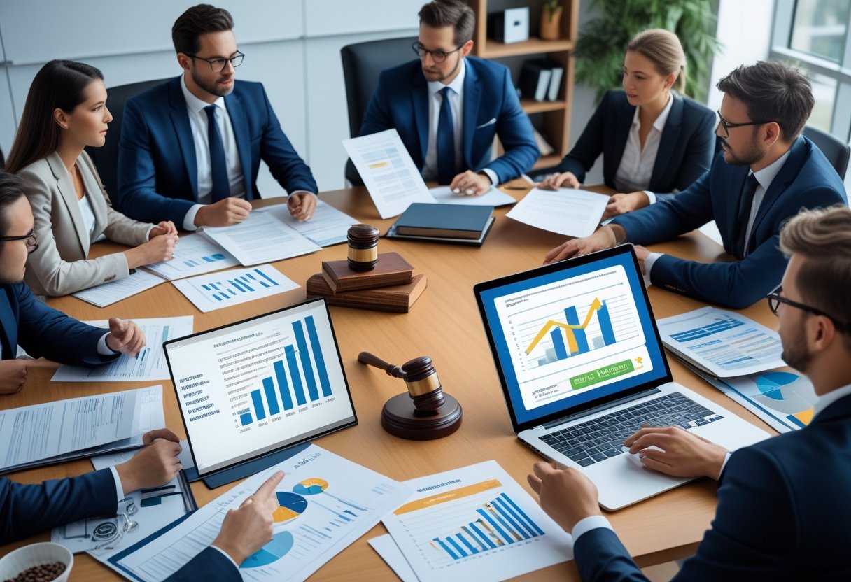 A group of professionals discussing legal documents and financial data in a modern office setting.