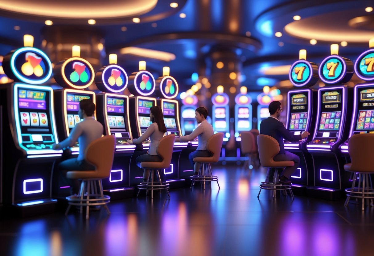 Area kasino dengan beberapa mesin slot berwarna-warni dan orang-orang yang bermain dengan fokus dan senang.