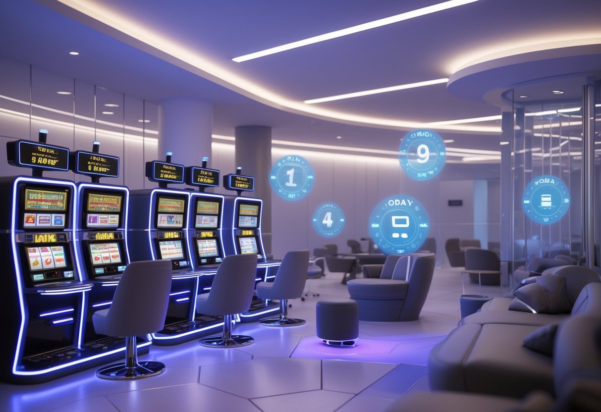 Area mesin slot di kasino yang modern dan aman dengan mesin berlampu warna-warni dan suasana yang tenang serta nyaman.