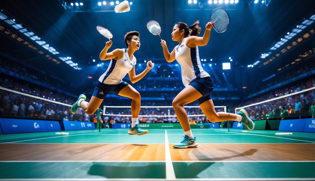 Dua atlet bulu tangkis sedang bertanding di dalam stadion dengan penonton di latar belakang.