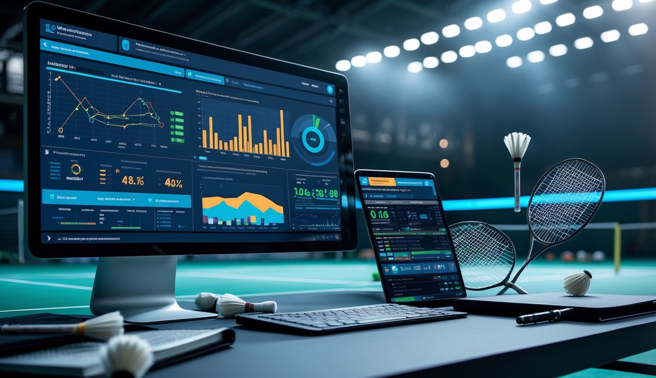 Sebuah ruang kerja dengan komputer menampilkan data dan grafik terkait prediksi skor bulu tangkis, dengan raket dan shuttlecock di sekitar, serta lapangan bulu tangkis di latar belakang.