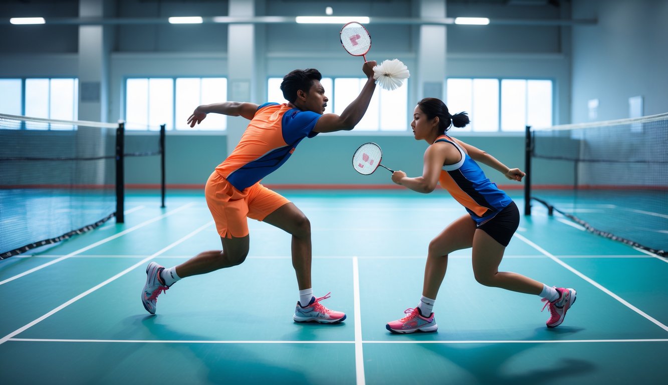 Dua pemain bulu tangkis sedang bertanding di lapangan dalam ruangan dengan net di tengah.