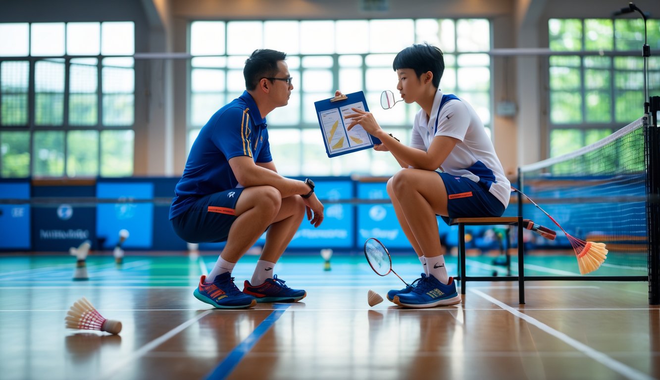 Seorang pelatih dan pemain bulu tangkis berdiskusi di lapangan bulu tangkis dalam ruangan, dengan papan strategi dan peralatan bulu tangkis di sekitar mereka.