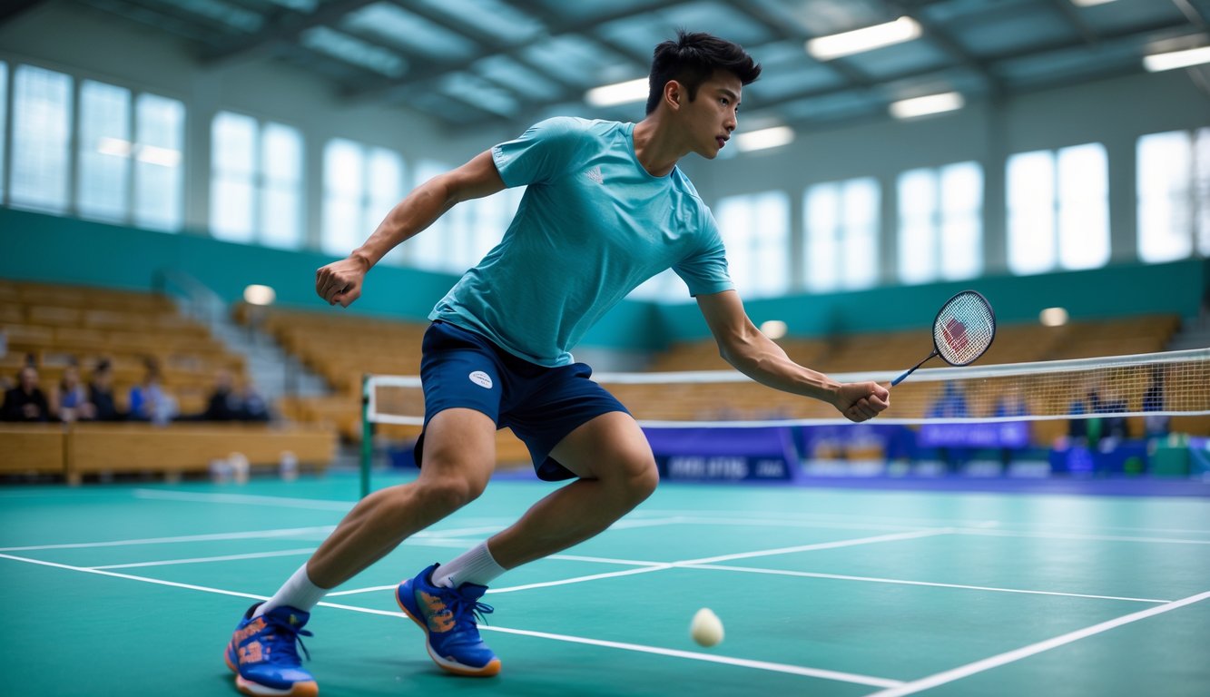 Seorang pria sedang bermain bulu tangkis di lapangan dalam ruangan, bersiap memukul shuttlecock dengan raket.