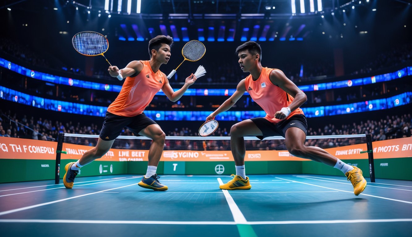 Dua pemain bulu tangkis sedang bertanding di lapangan dalam ruangan dengan penonton di latar belakang.