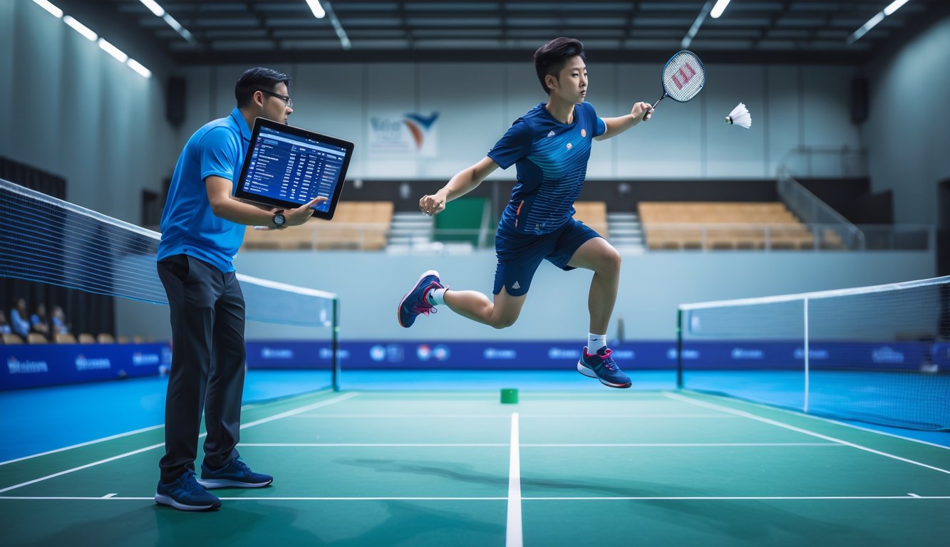 Seorang pelatih mengamati pemain bulu tangkis yang sedang melompat untuk melakukan smash di lapangan dalam ruangan.