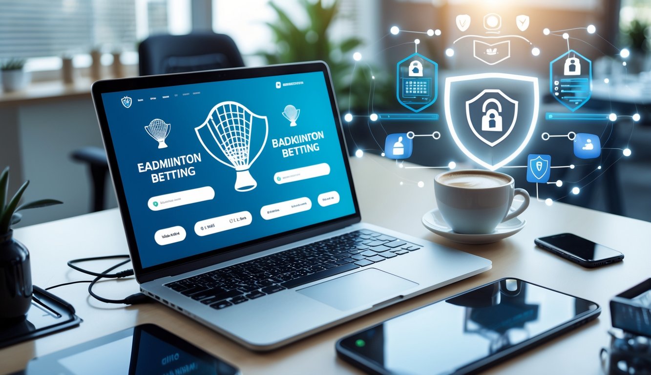 Seorang pengguna duduk di depan laptop dengan tampilan situs taruhan badminton yang aman, di meja terdapat kopi dan ponsel, dengan simbol keamanan di latar belakang.