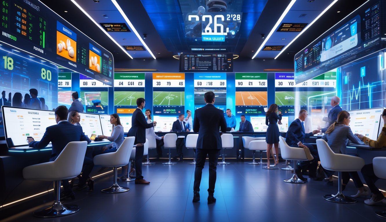 Sejumlah orang di ruang taruhan olahraga modern sedang menggunakan layar digital dan perangkat untuk memasang taruhan pada berbagai olahraga.