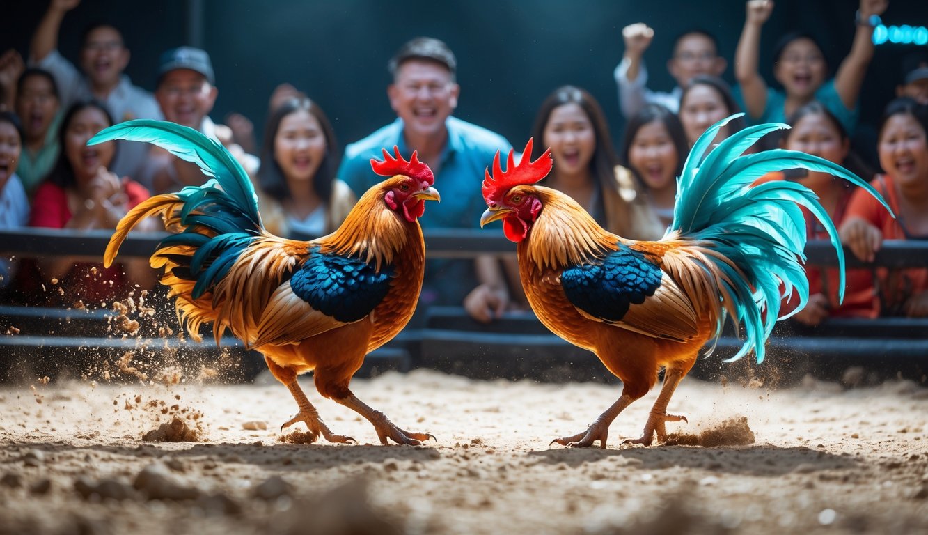 Dua ayam jago sedang bertarung di depan kerumunan orang yang antusias.