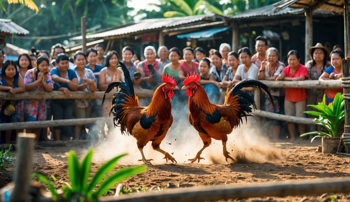 Pertandingan sabung ayam tradisional dengan dua ayam jago bertarung di depan kerumunan penonton di sebuah desa.