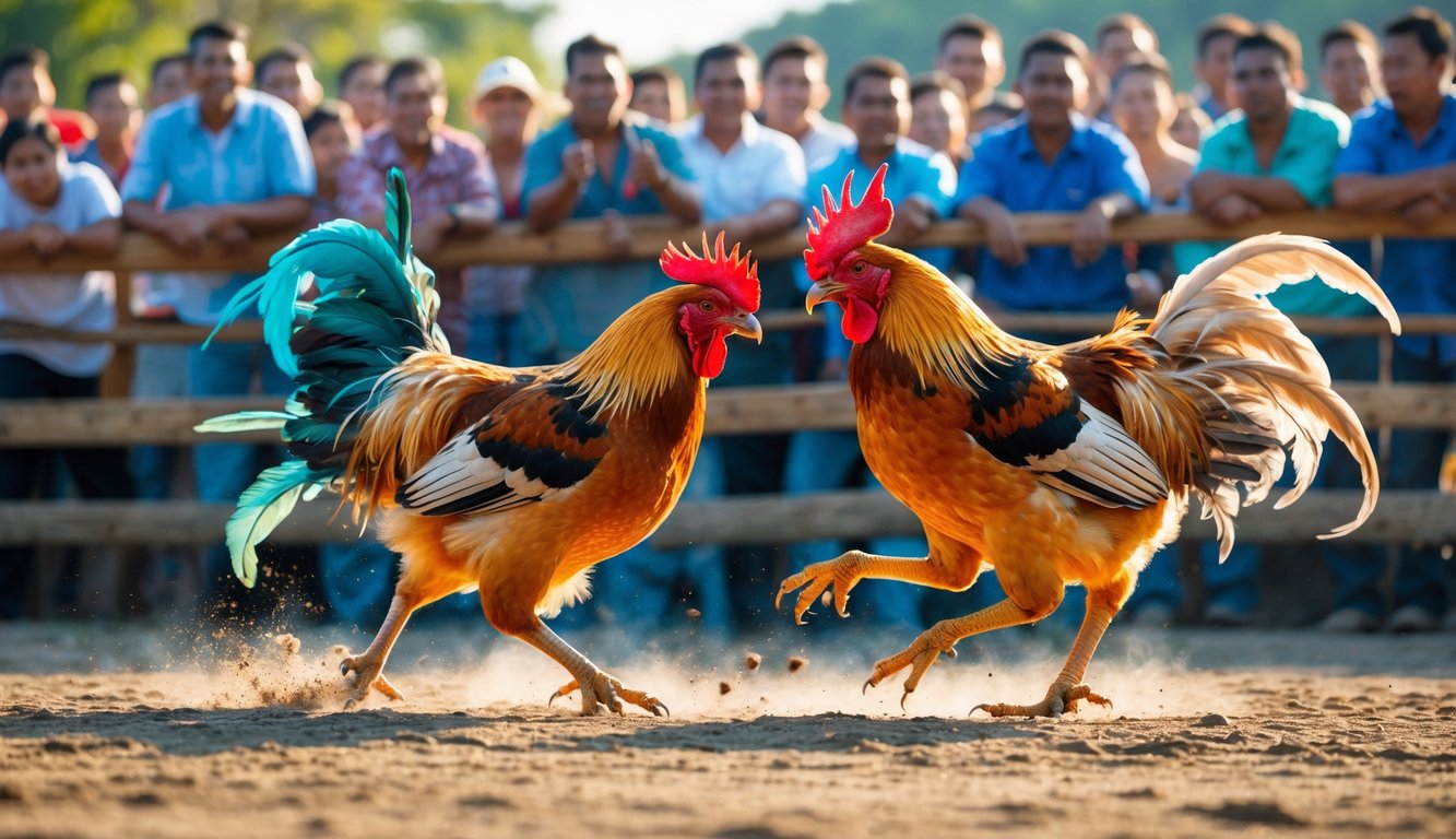 Dua ayam jago sedang bertarung di arena dengan penonton yang antusias di sekitarnya.