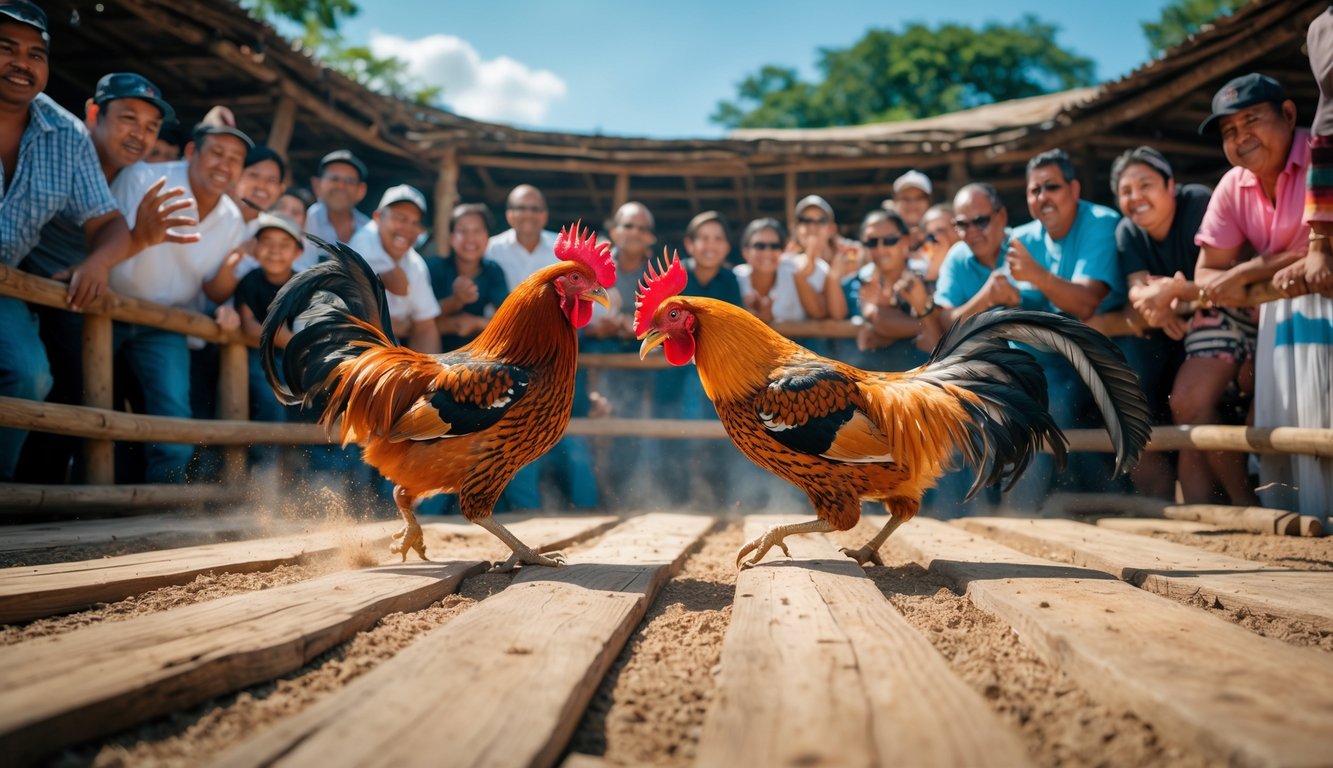 Suasana pertandingan sabung ayam tradisional dengan dua ayam jago sedang bertarung di arena terbuka dan penonton yang antusias mengelilingi mereka.