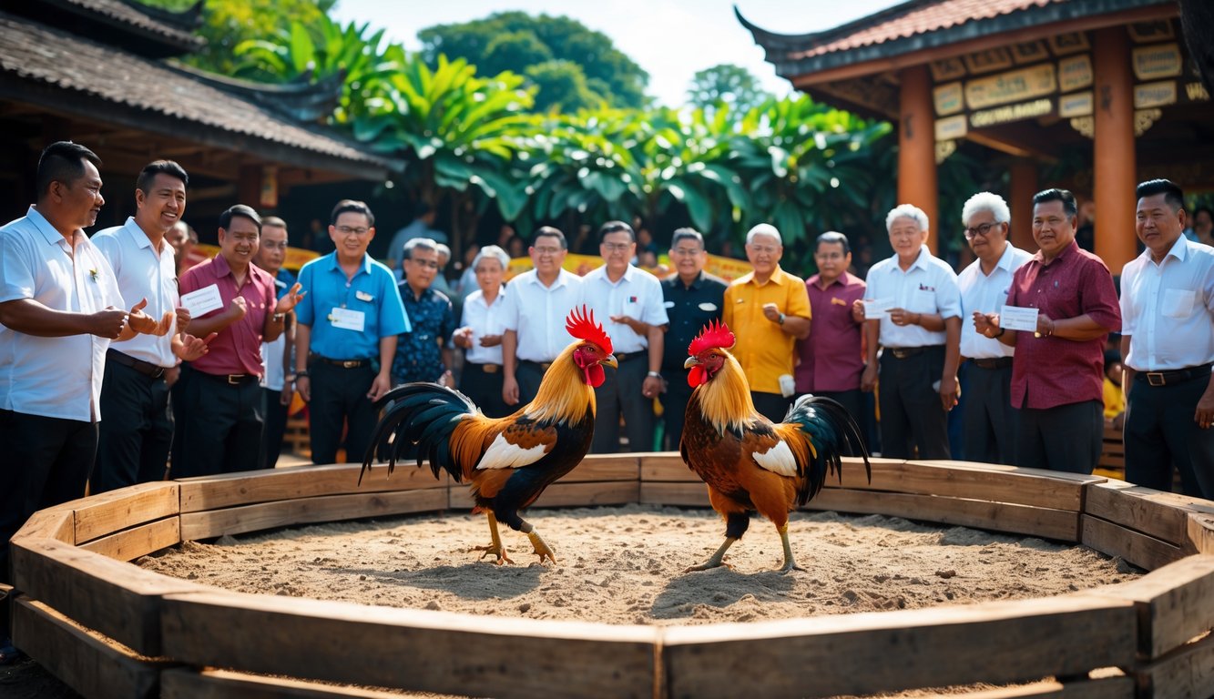 Sekelompok orang mengamati dua ayam jago bertarung di arena kayu di luar ruangan dengan latar belakang pepohonan hijau.