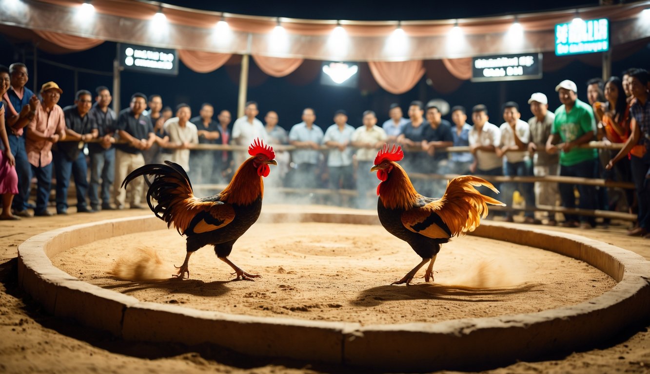 Arena sabung ayam malam hari dengan dua ayam bertarung dan penonton yang antusias mengelilingi arena.