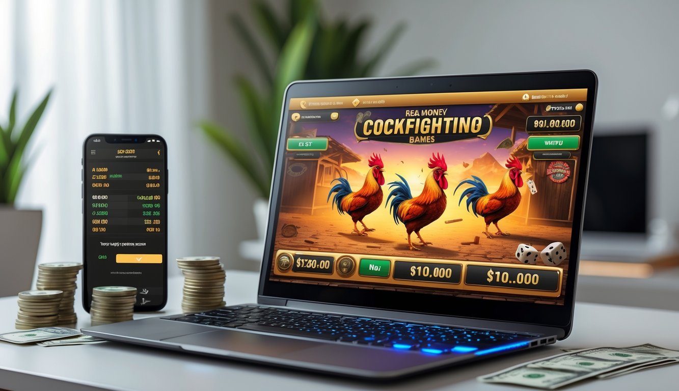 Seseorang menggunakan laptop dan smartphone untuk bermain judi ayam online dengan uang asli di ruang kerja yang terang dan rapi.