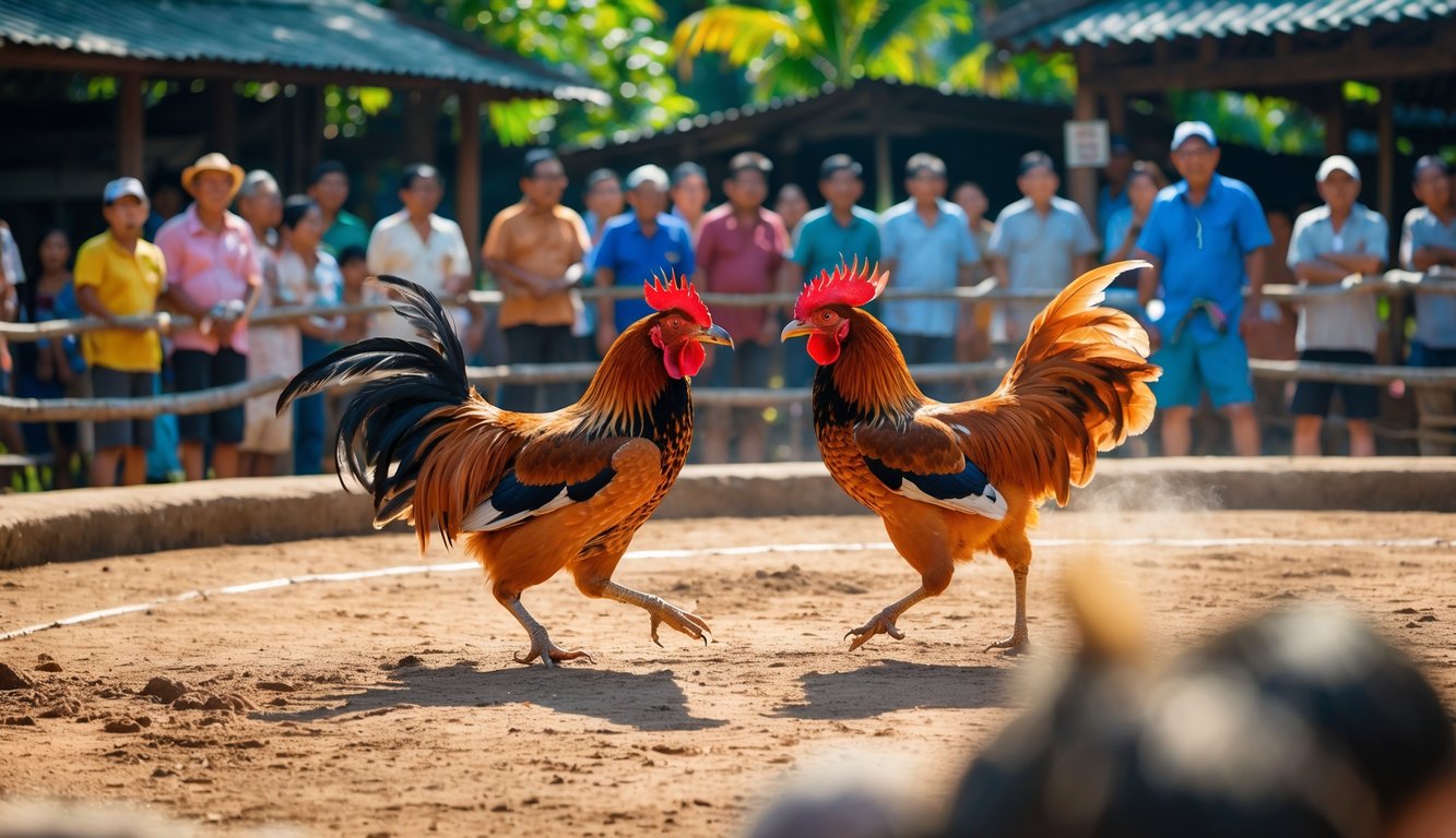Arena sabung ayam tradisional dengan dua ayam jago bertarung dan penonton yang mengelilingi arena.