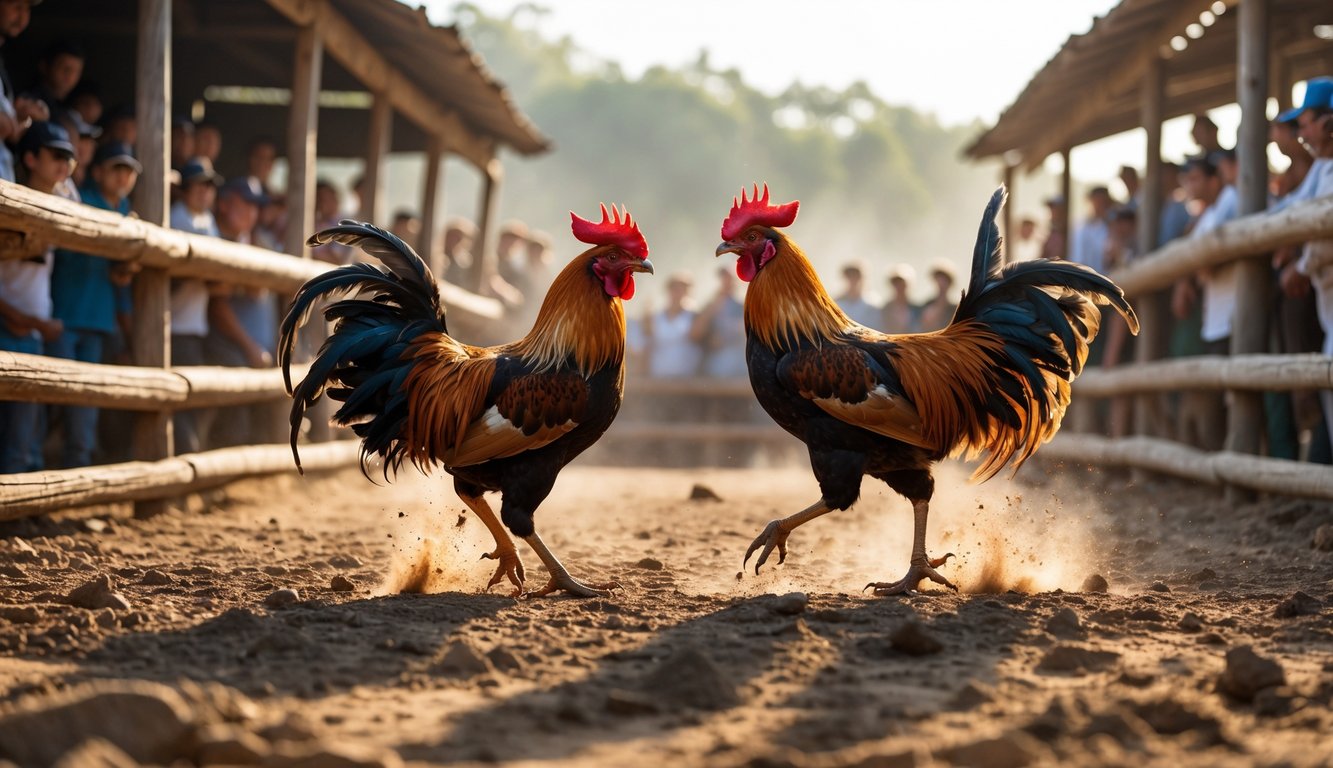 Dua ayam jago sedang bertarung di arena sabung ayam dengan penonton di latar belakang.