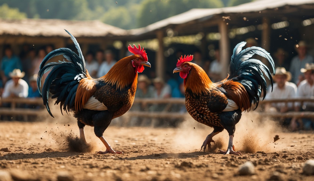 Dua ayam jago sedang bertarung di arena luar ruangan dengan penonton di latar belakang.