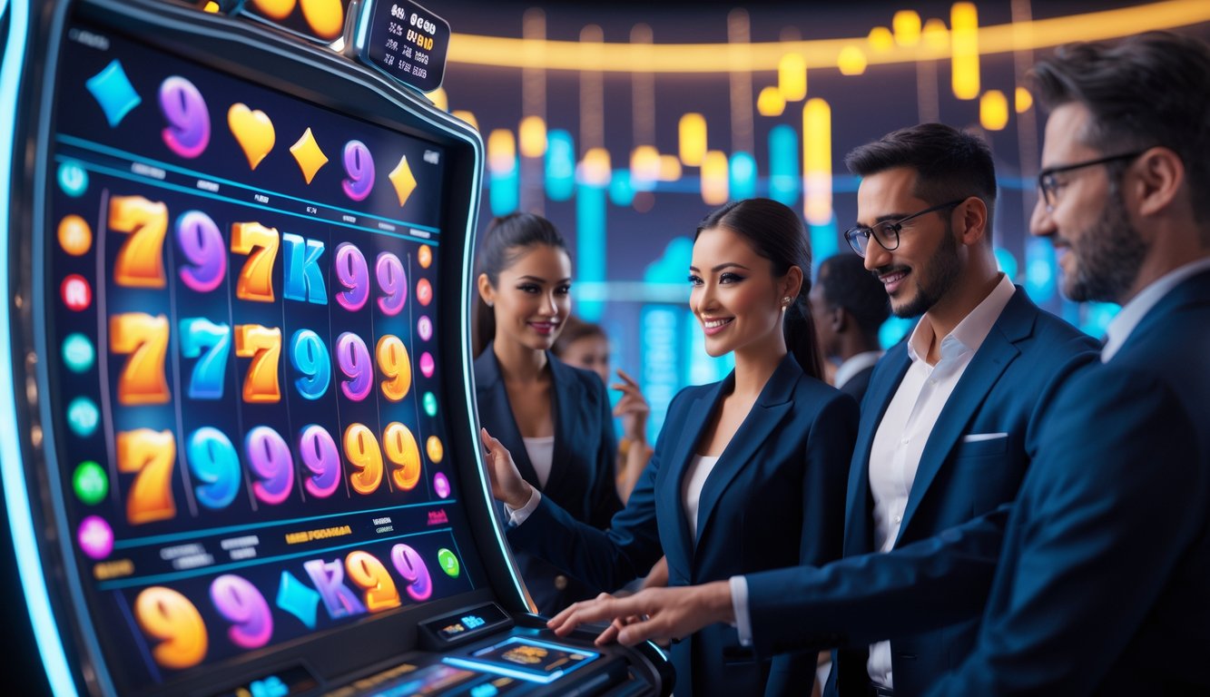 Orang-orang sedang berinteraksi dengan mesin slot digital modern di lingkungan kasino futuristik dengan grafik tren naik di layar transparan.