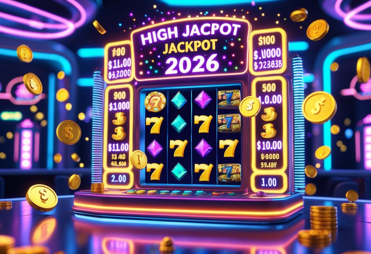Tampilan mesin slot online berwarna cerah dengan simbol jackpot dan koin mengambang di latar belakang kasino futuristik.