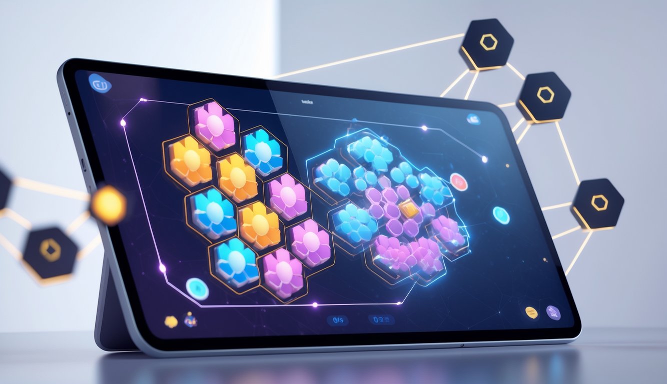 Antarmuka permainan digital yang menampilkan simbol berwarna-warni yang dikelompokkan bersama di layar perangkat modern.