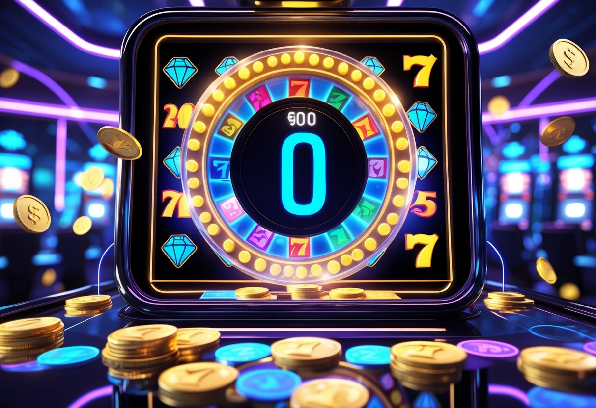 Tampilan 3D dari mesin slot online dengan meter jackpot besar yang menyala, simbol gulungan warna-warni, dan latar belakang kasino digital yang futuristik.