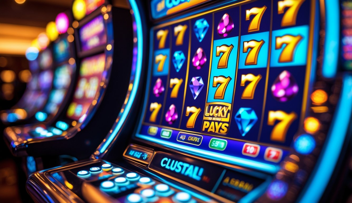Mesin slot dengan layar berwarna menampilkan simbol yang berkelompok dalam suasana kasino yang hangat.