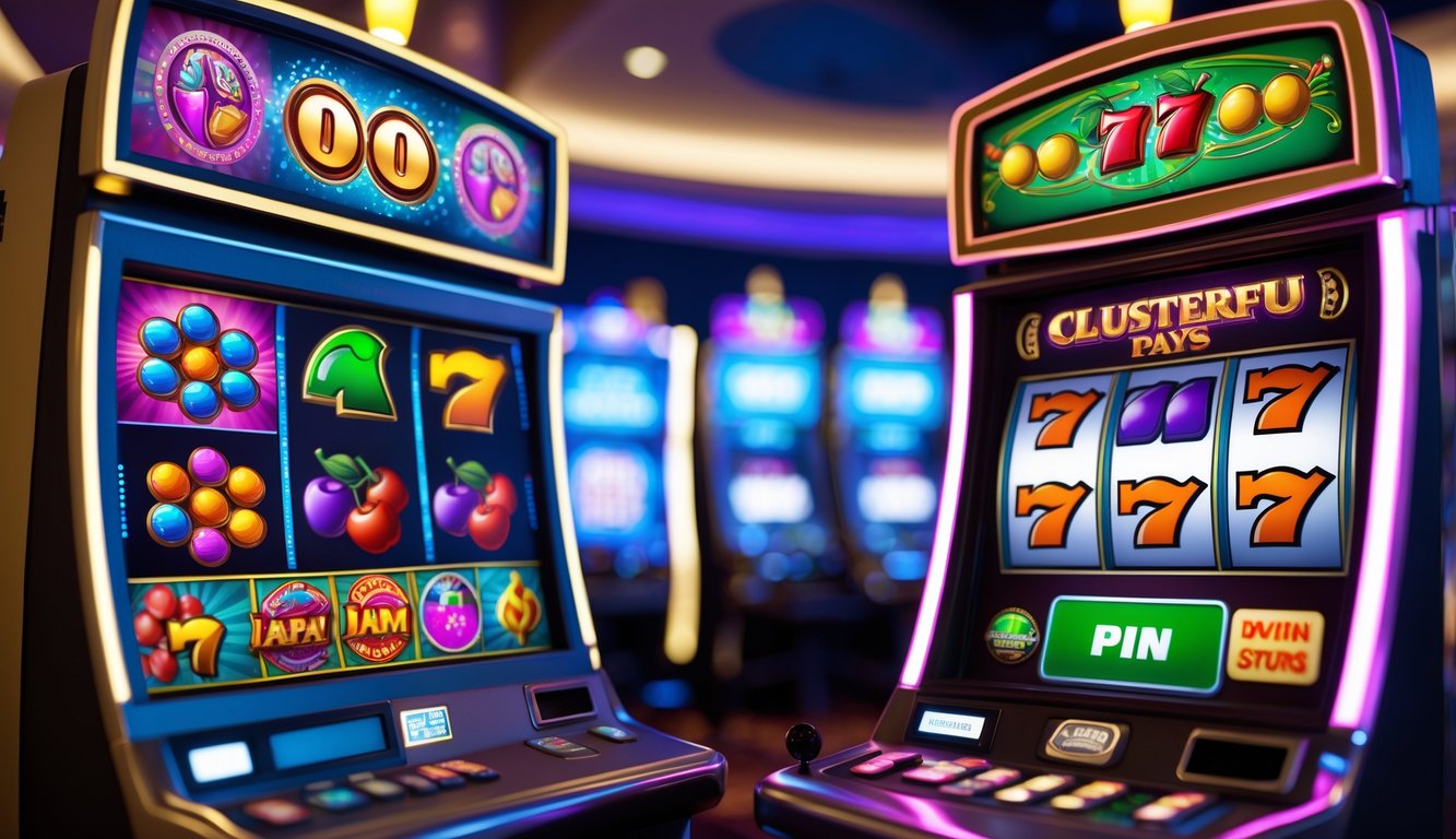 Dua mesin slot berdampingan, satu menampilkan permainan cluster pays dengan simbol berkelompok, dan satu lagi menampilkan permainan payline dengan garis pembayaran tradisional.